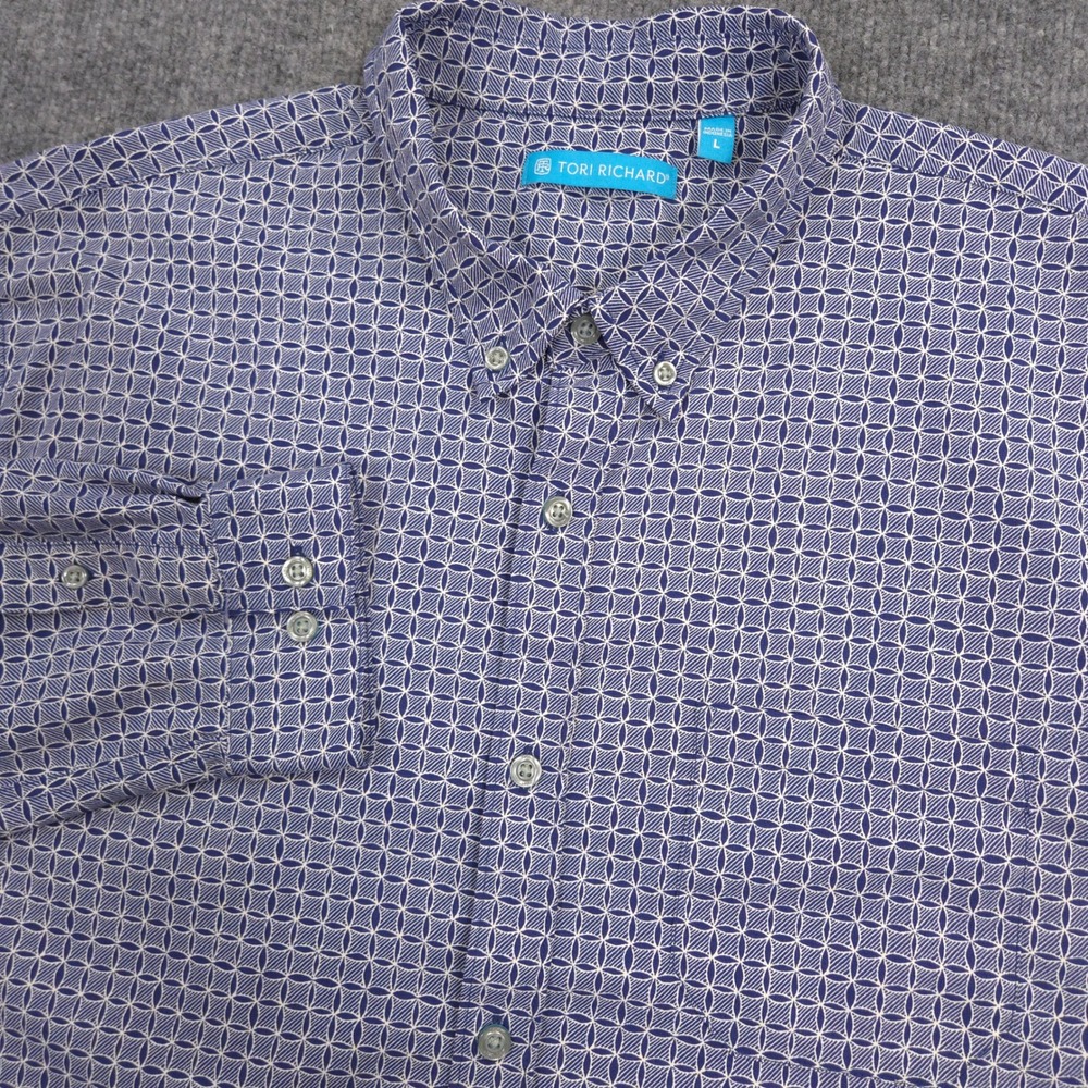 Tori Richard Shirt Mens L Navy White Geometric Lattice Performance Long Sleeve
